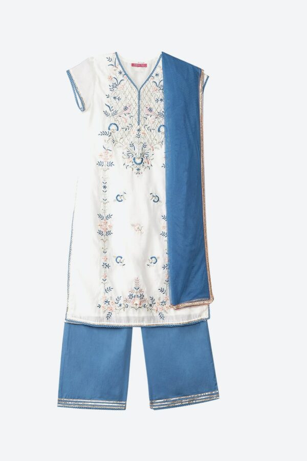 Biba Girls White Floral Embroidered Kurta with Pyjamas & With Dupatta