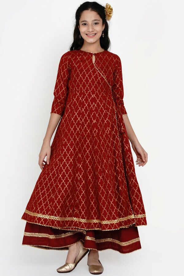 Bitiya by Bhama Girls Maroon & Gold Ethnic Motifs Printed Anarkali Kurta With Palazzos