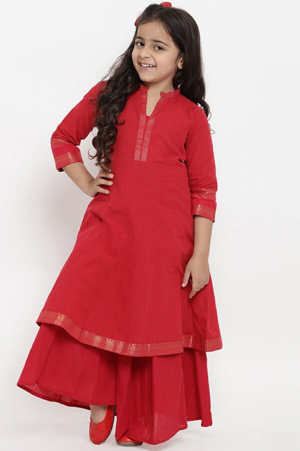 Bitiya by Bhama Girls Red Self Design Kurta with Palazzos