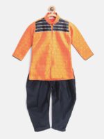 BownBee Boys Orange & Navy Blue Woven Design Sherwani Set