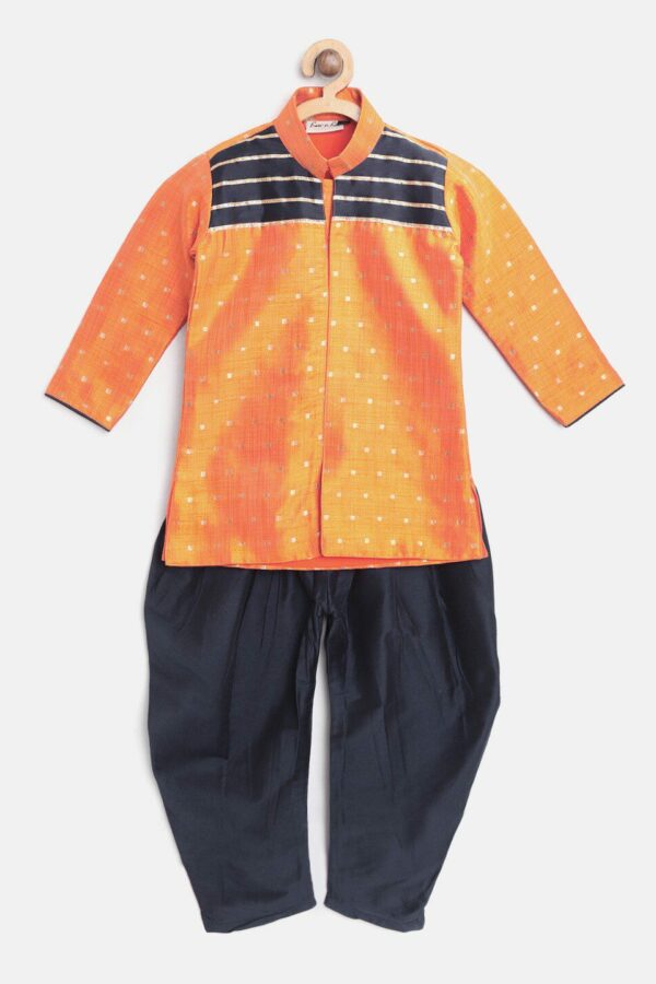 BownBee Boys Orange & Navy Blue Woven Design Sherwani Set