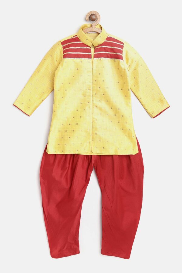 BownBee Boys Yellow & Red Woven Design Sherwani Set
