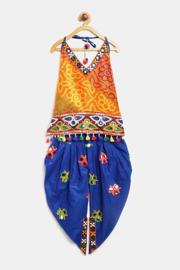 BownBee Girls Orange & Blue Bandhani Print Kurti with Dhoti Pants