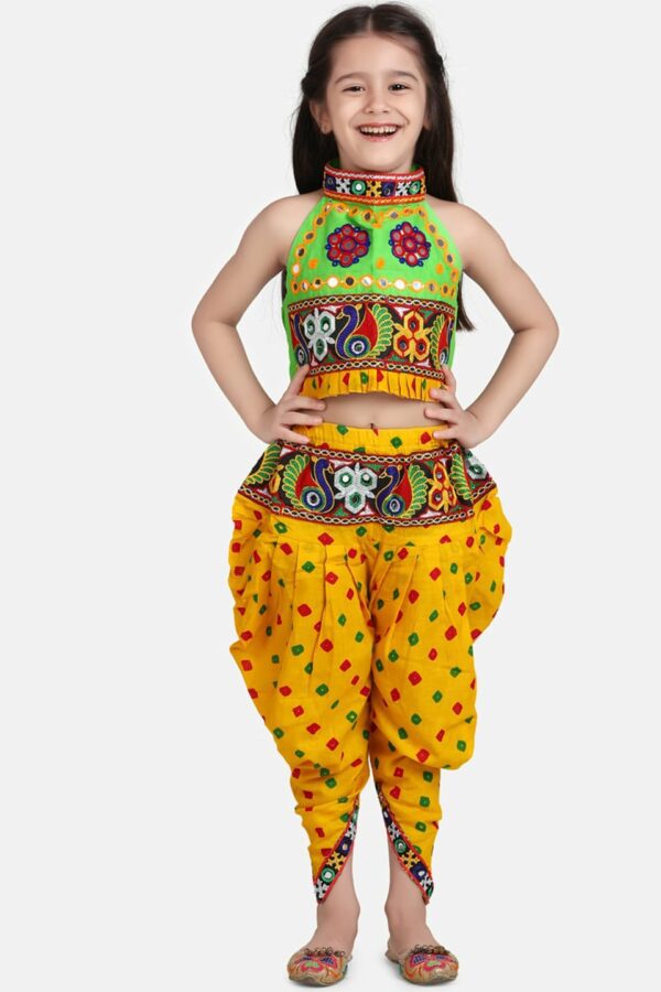 BownBee Girls Yellow & Green Printed Top with Dhoti Pants