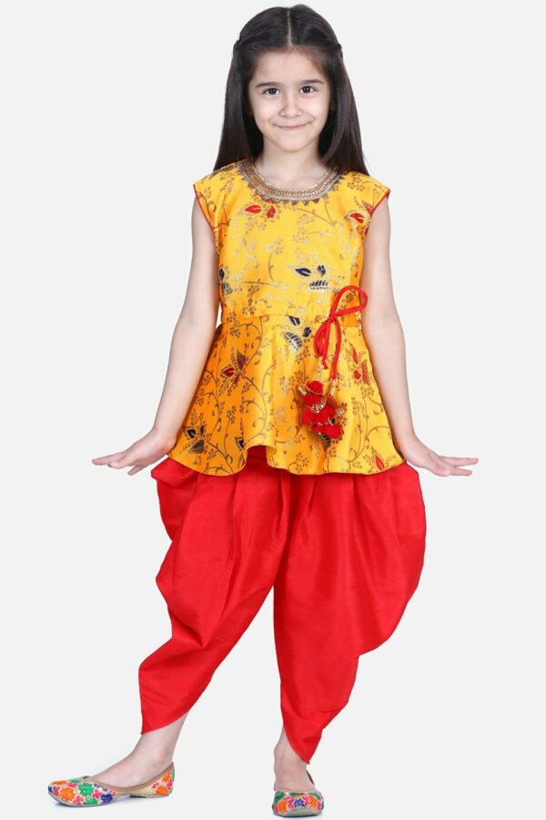 BownBee Girls Yellow Printed Kurti with Dhoti Pants