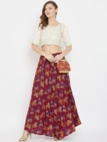Clora Creation Women Maroon & Blue Printed Flared Maxi Skirt - Image 4