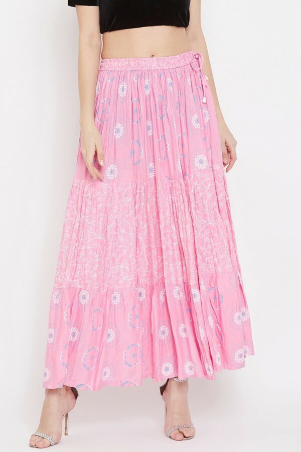 Clora Creation Women Pink & Blue Floral Printed Flared Maxi Tiered Skirt
