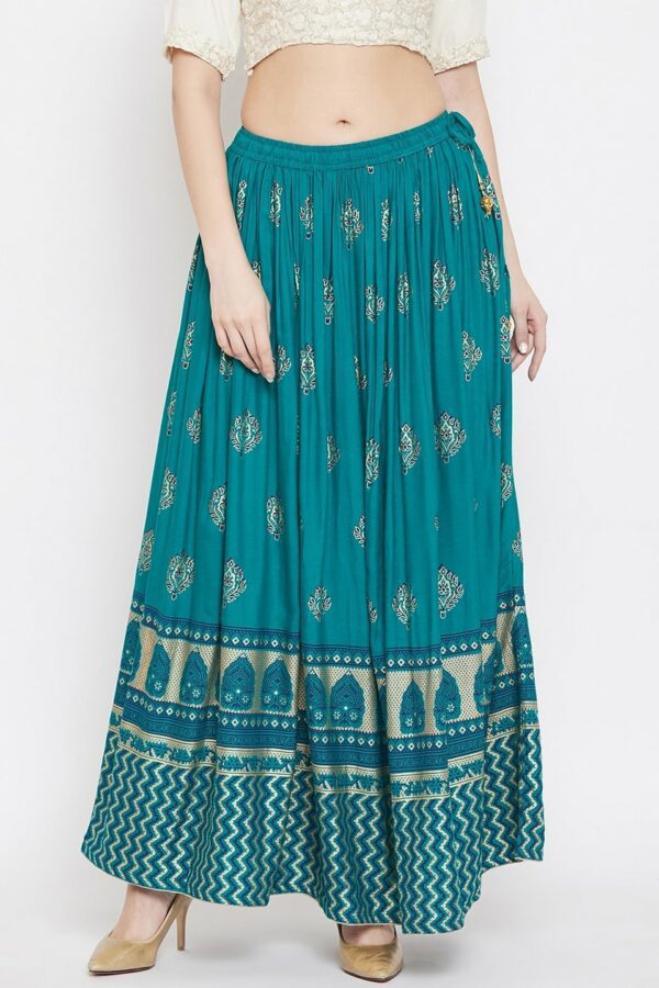 Clora Creation Women Teal Blue & Gold-Coloured Printed Flared Maxi Skirt