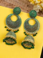 Crunchy Fashion Gold-Toned & Green Long Dangler Jhumki Earrings