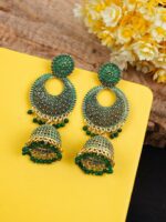 Crunchy Fashion Gold-Toned & Green Long Dangler Jhumki Earrings - Image 2