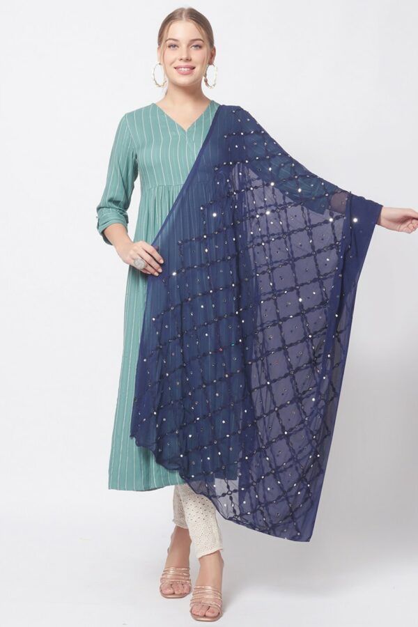 Dupatta Bazaar Navy Blue Embroidered Dupatta with Mirror Work