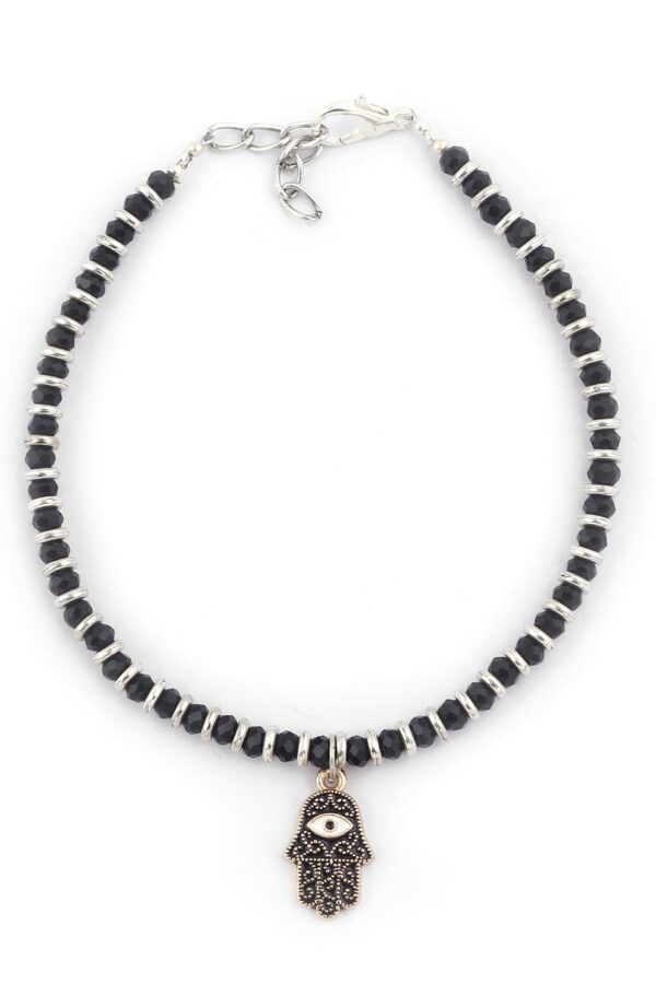 EL REGALO Black Beaded German Silver Evil Eye Hamsa Anklet
