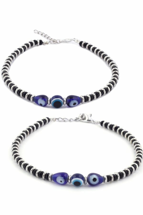 EL REGALO Set Of 2 Silver-Toned & Black Beaded Evil Eye-Nazaria Anklet