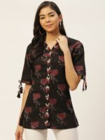FABRIC FITOOR Coffee Brown & Maroon Printed Pure Cotton A-Line Top