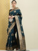 House of Pataudi Teal & Gold-Toned Ethnic Motifs Zari Silk Blend Banarasi Saree