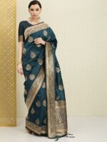 House of Pataudi Teal & Gold-Toned Ethnic Motifs Zari Silk Blend Banarasi Saree - Image 3