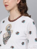 Ishin White & Brown Floral Embroidered Bell Sleeves Pure Cotton A-Line Top - Image 2