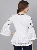 Ishin White & Brown Floral Embroidered Bell Sleeves Pure Cotton A-Line Top - Image 5
