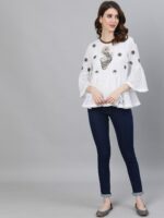 Ishin White & Brown Floral Embroidered Bell Sleeves Pure Cotton A-Line Top - Image 6