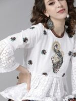 Ishin White & Brown Pure Cotton Embroidered Bell Sleeves A-Line Top - Image 3