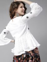 Ishin White & Brown Pure Cotton Embroidered Bell Sleeves A-Line Top - Image 4