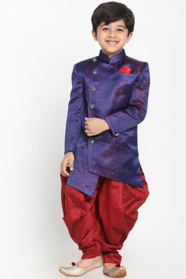 JBN Creation Boys Blue & Maroon Solid Sherwani Set