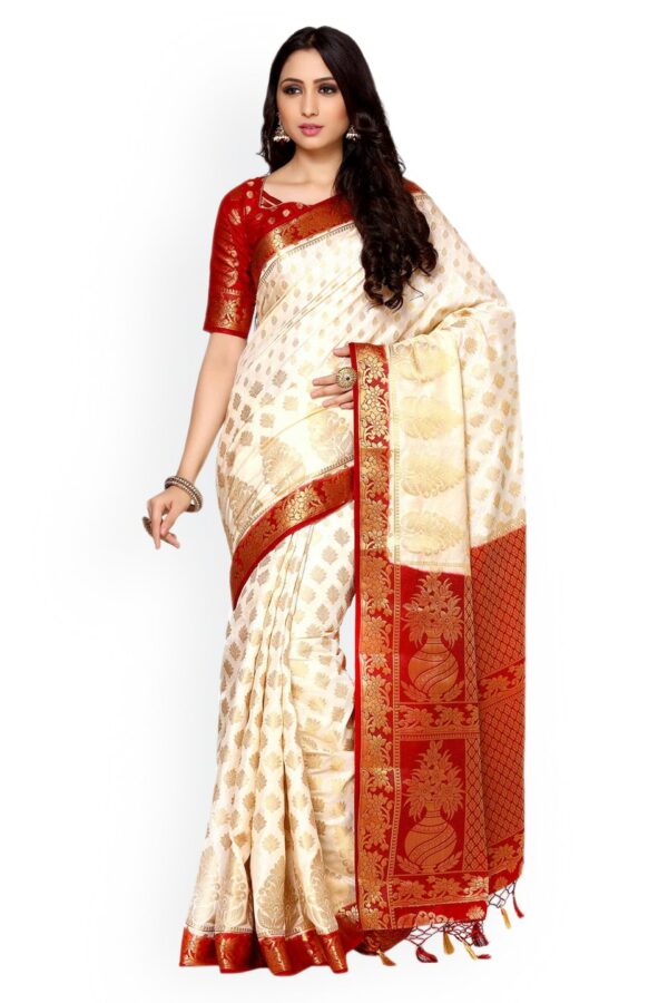 MIMOSA Off-White Art Silk Woven Design Kanjeevaram Saree