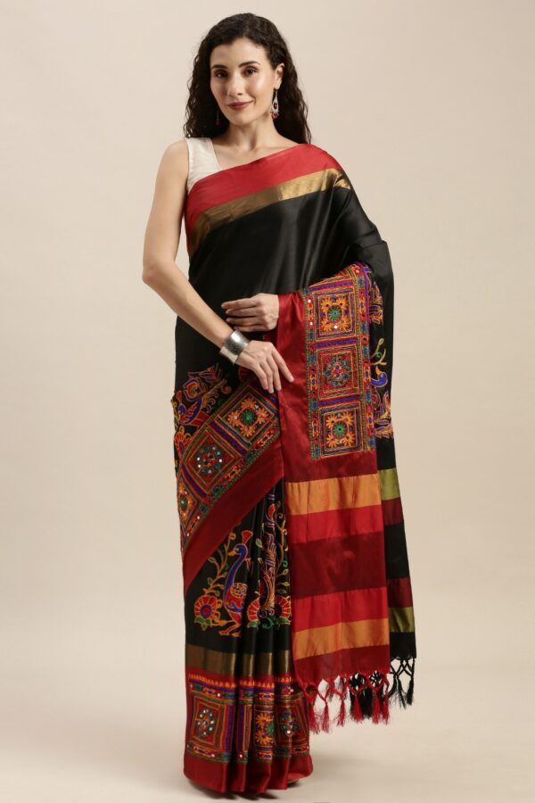 Mitera Black & Red Silk Cotton Kutchi Embroidered Saree
