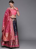 Mitera Navy Blue & Pink Woven Design Semi-Stitched Lehenga & Unstitched Blouse with Dupatta