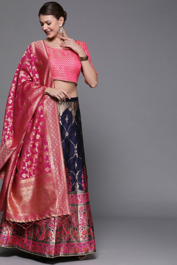 Mitera Navy Blue & Pink Woven Design Semi-Stitched Lehenga & Unstitched Blouse with Dupatta