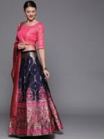 Mitera Navy Blue & Pink Woven Design Semi-Stitched Lehenga & Unstitched Blouse with Dupatta - Image 5
