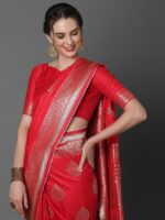 Mitera Red & Silver-Coloured Ethnic Motifs Zari Woven Design Silk Blend Banarasi Saree - Image 4