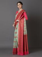 Mitera Sea Green & Pink Silk Blend Woven Design Banarasi Saree - Image 3