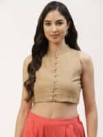 Molcha Women Beige Solid Mandarin Collar Sleeveless Saree Blouse