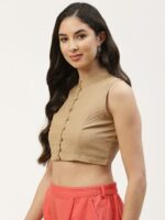 Molcha Women Beige Solid Mandarin Collar Sleeveless Saree Blouse - Image 3