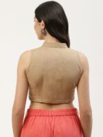 Molcha Women Beige Solid Mandarin Collar Sleeveless Saree Blouse - Image 4