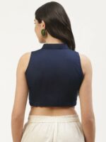 Molcha Women Navy Blue Solid Mandarin Collar Sleeveless Saree Blouse - Image 4