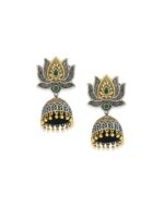 OOMPH Silver & Gold Tone Lotus Ethnic Jhumka Earrings - Image 2