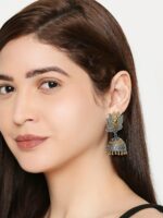 OOMPH Silver & Gold Tone Lotus Ethnic Jhumka Earrings - Image 4