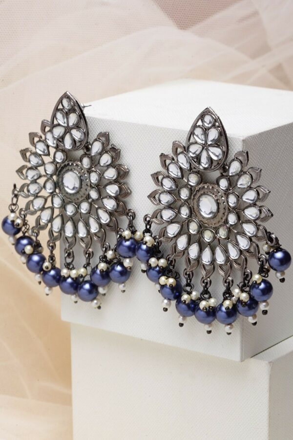 PANASH Blue & Silver-Toned Rhodium-Plated Handcrafted Kundan Classic Drop Earrings