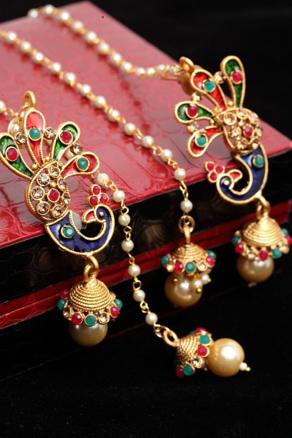 PANASH Gold-Plated & Off-White Meenakari Peacock Shaped Drop Earrings