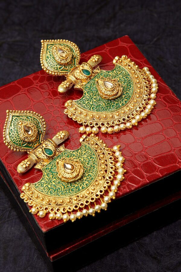 PANASH Gold-Toned & Green Geometric Handpainted Drop Earrings