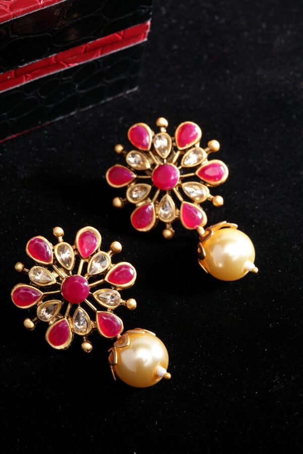 PANASH Pink Gold-Plated Floral Handcrafted Kundan Drop Earrings