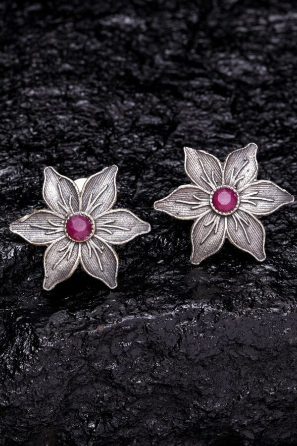 PANASH Silver-Toned & Pink Floral Studs