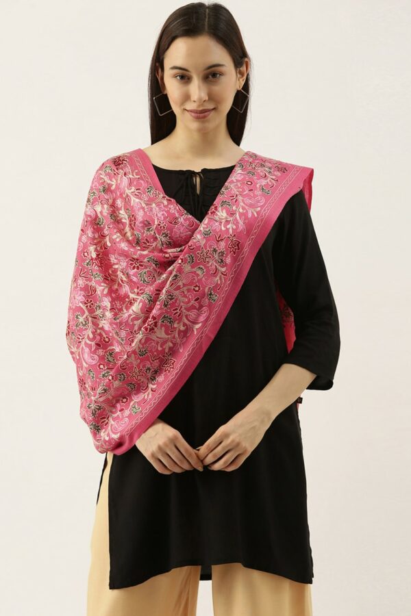 Pashmoda Women Pink & Beige Floral Embroidered Woollen Shawl