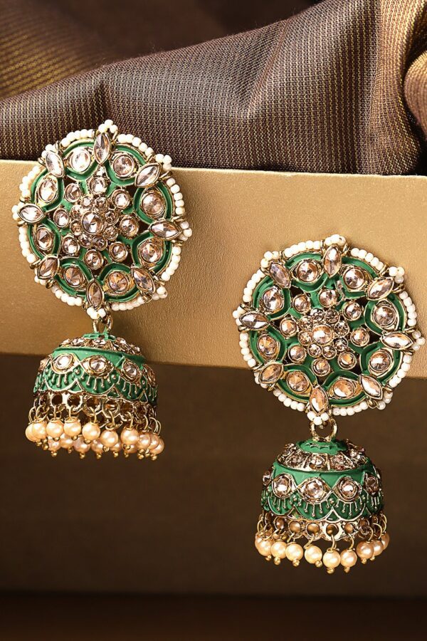 Priyaasi Green Antique Gold-Plated Kundan-Studded Meenakari Dome Shaped Jhumkas