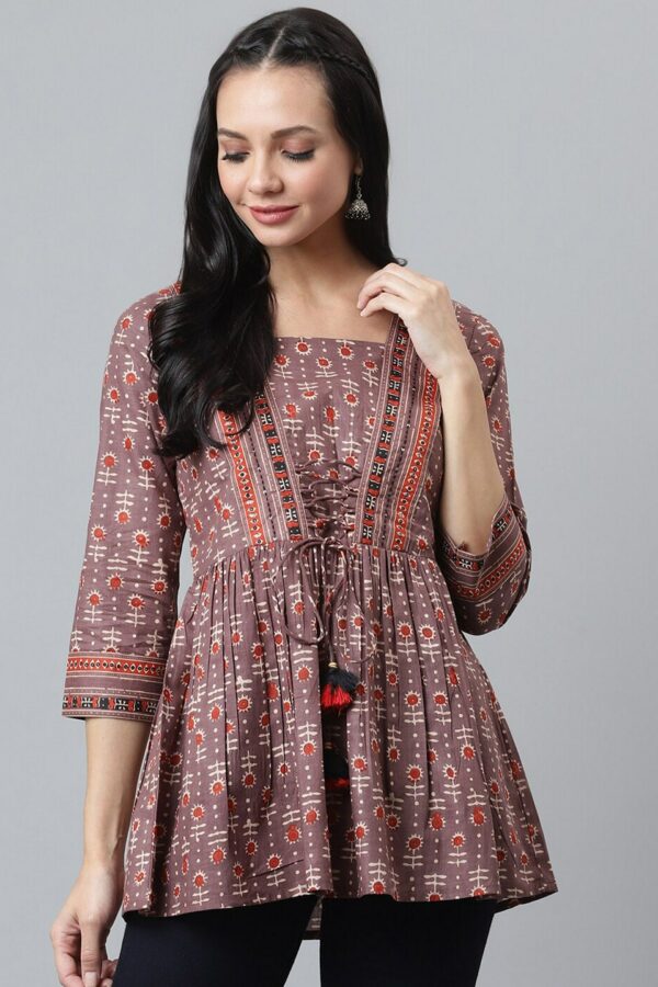QOMN Brown & Orange Floral Pure Cotton Peplum Top