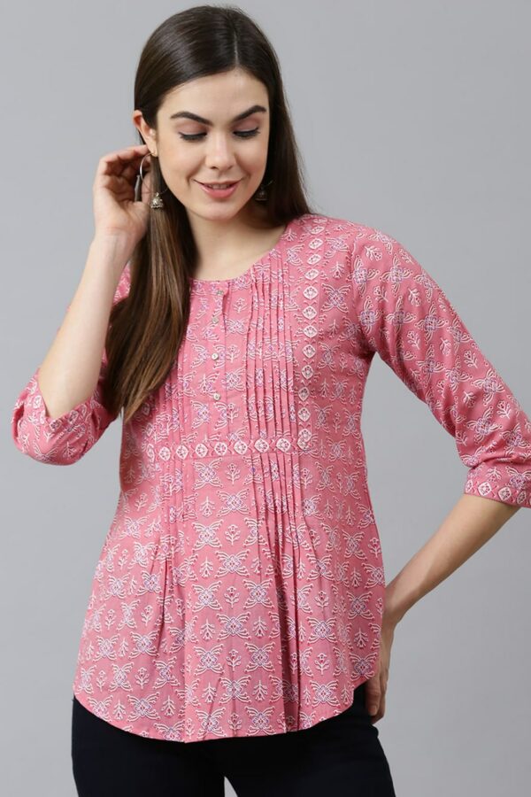 QOMN Pink Printed Pure Cotton A-Line Top