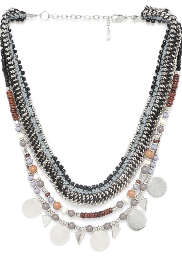 RICHEERA Grey & Black Silver-Plated Beaded Layered Tribal Necklace