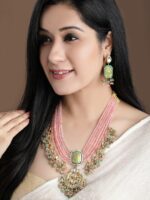 Rubans Gold-Plated Pink & Green Enamelled Beaded Kundan-Studded Handcrafted Jewellery Set